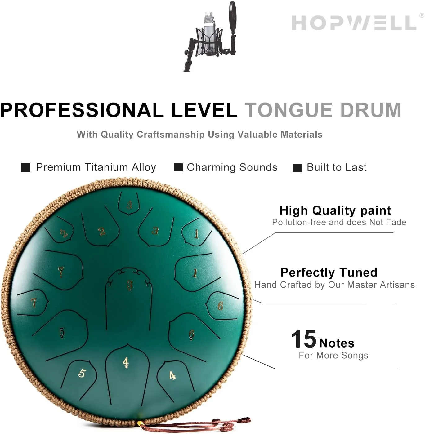 Steel Tongue Drum - HOPWELL 15 Note 14 Inch Tongue Drum - Hand Pan Drums with Music Book, Steel Handpan Drum Mallets and Carry Bag, D Major (Green)