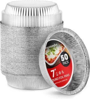Stock Your Home 7 Inch Round Aluminum Pans with Lids (50 Pack) Disposable Foil Pan with Clear Dome Top, To Go Pie Tins, Containers for Baking or Take out Food