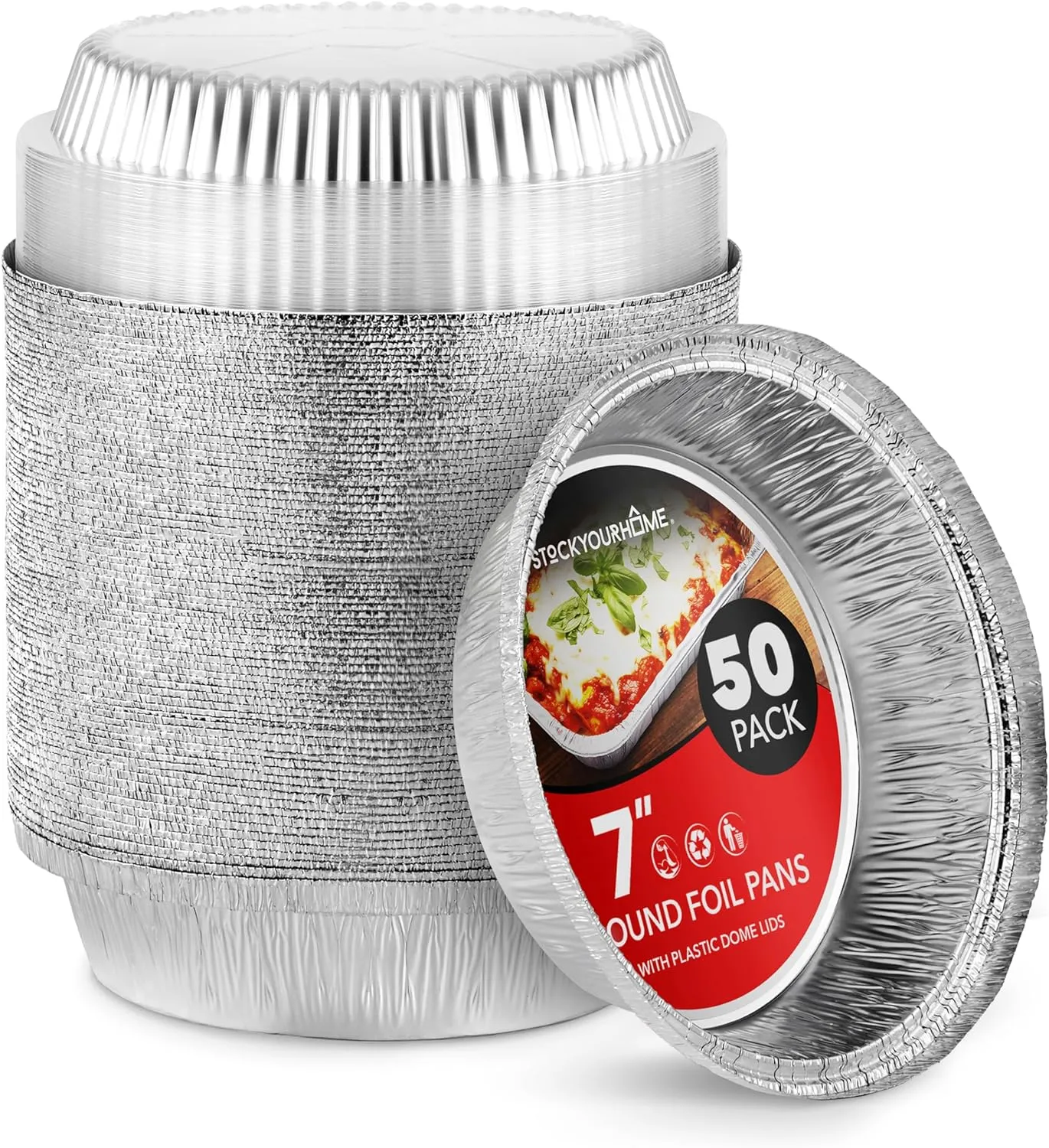 Stock Your Home 7 Inch Round Aluminum Pans with Lids (50 Pack) Disposable Foil Pan with Clear Dome Top, To Go Pie Tins, Containers for Baking or Take out Food