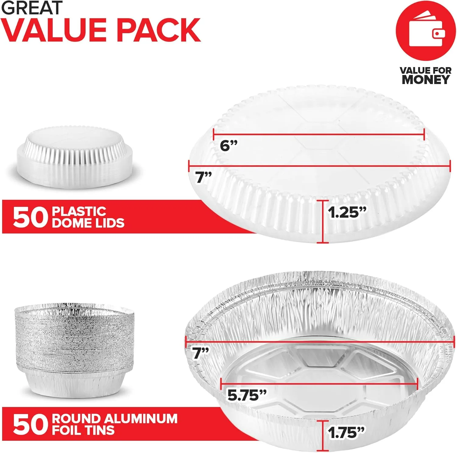 Stock Your Home 7 Inch Round Aluminum Pans with Lids (50 Pack) Disposable Foil Pan with Clear Dome Top, To Go Pie Tins, Containers for Baking or Take out Food