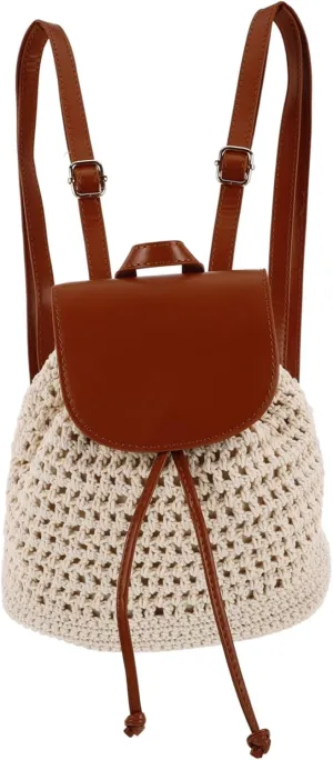Summer Handmade Woven Crochet Backpack for Women Flap Drawstring Purse Small Knitted Beach Bag Hippie Bookbag Lightweight Casual Tote for Vacation