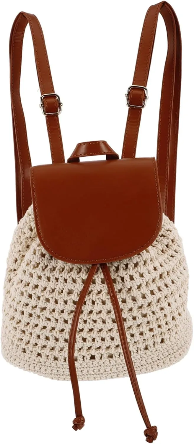 Summer Handmade Woven Crochet Backpack for Women Flap Drawstring Purse Small Knitted Beach Bag Hippie Bookbag Lightweight Casual Tote for Vacation