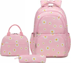 Sunborls Backpack for Girls Teens Girls Bookbag Lightweight High-Capacity Waterproof School Gifts for Lovely Small Daisy Flower 3pcs (Pink)