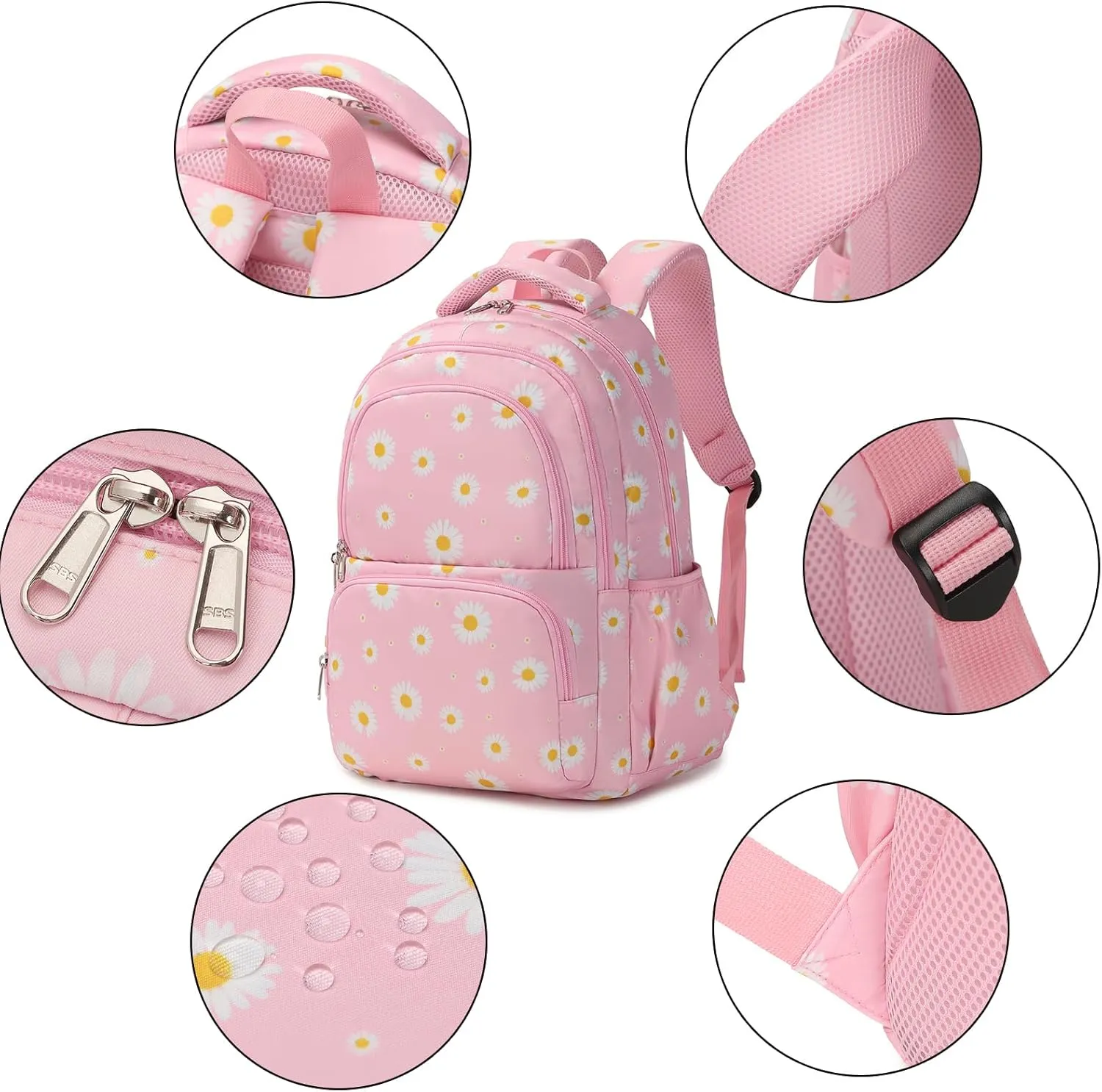 Sunborls Backpack for Girls Teens Girls Bookbag Lightweight High-Capacity Waterproof School Gifts for Lovely Small Daisy Flower 3pcs (Pink)