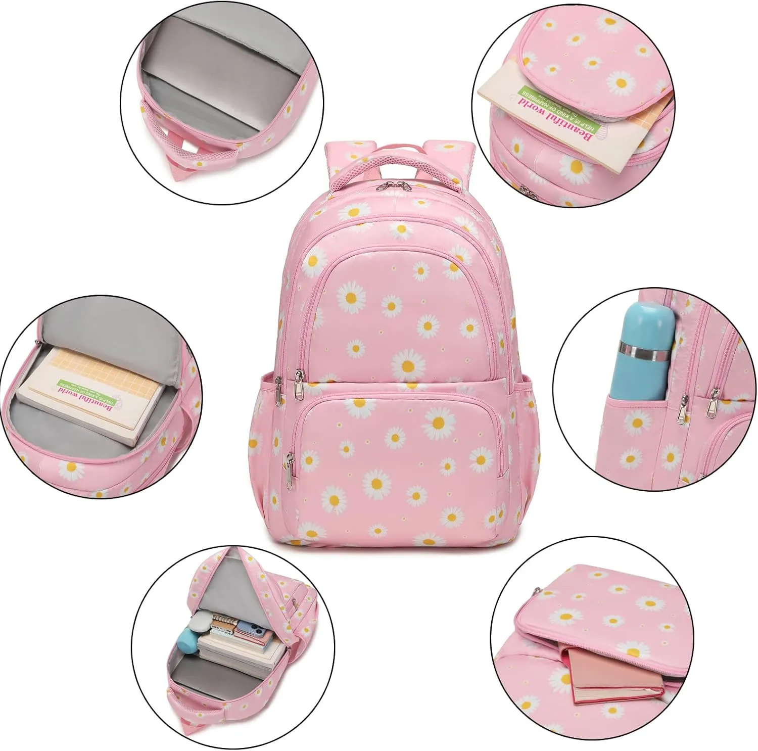 Sunborls Backpack for Girls Teens Girls Bookbag Lightweight High-Capacity Waterproof School Gifts for Lovely Small Daisy Flower 3pcs (Pink)