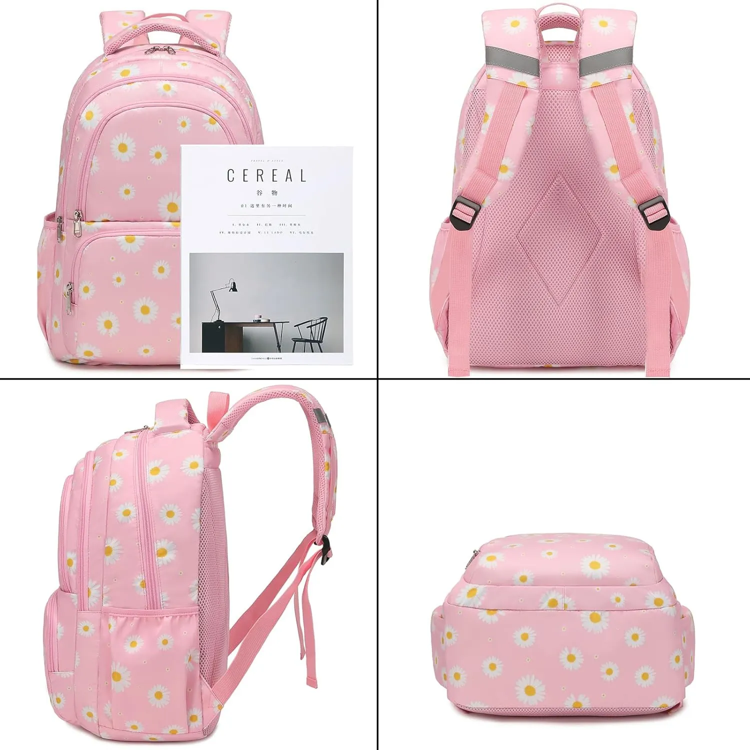 Sunborls Backpack for Girls Teens Girls Bookbag Lightweight High-Capacity Waterproof School Gifts for Lovely Small Daisy Flower 3pcs (Pink)