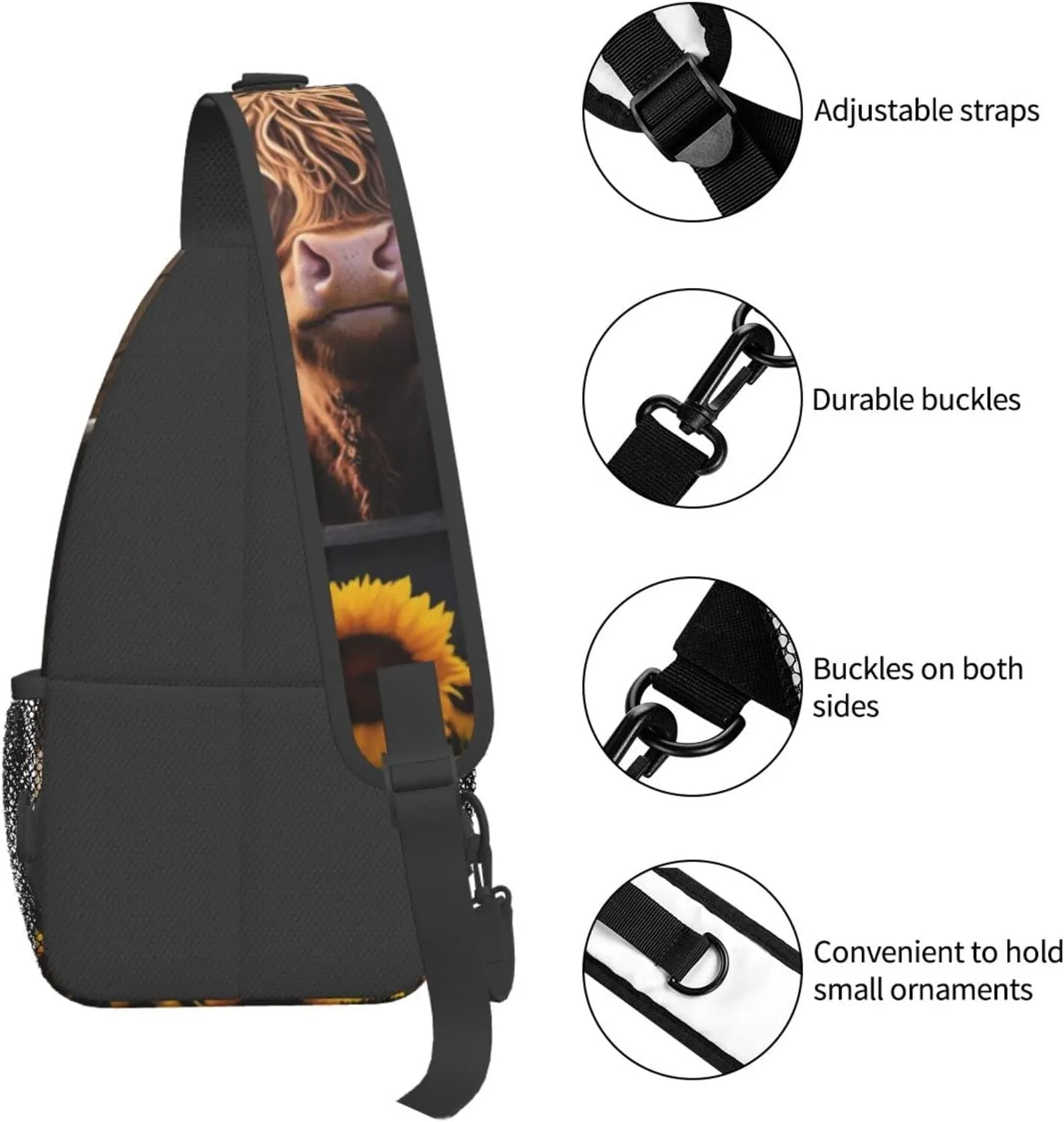 Sunflower Highland-Cow Outdoor Cross-body Shoulder Bag, Unisex Backpack For Women Men Young Hiking Travel