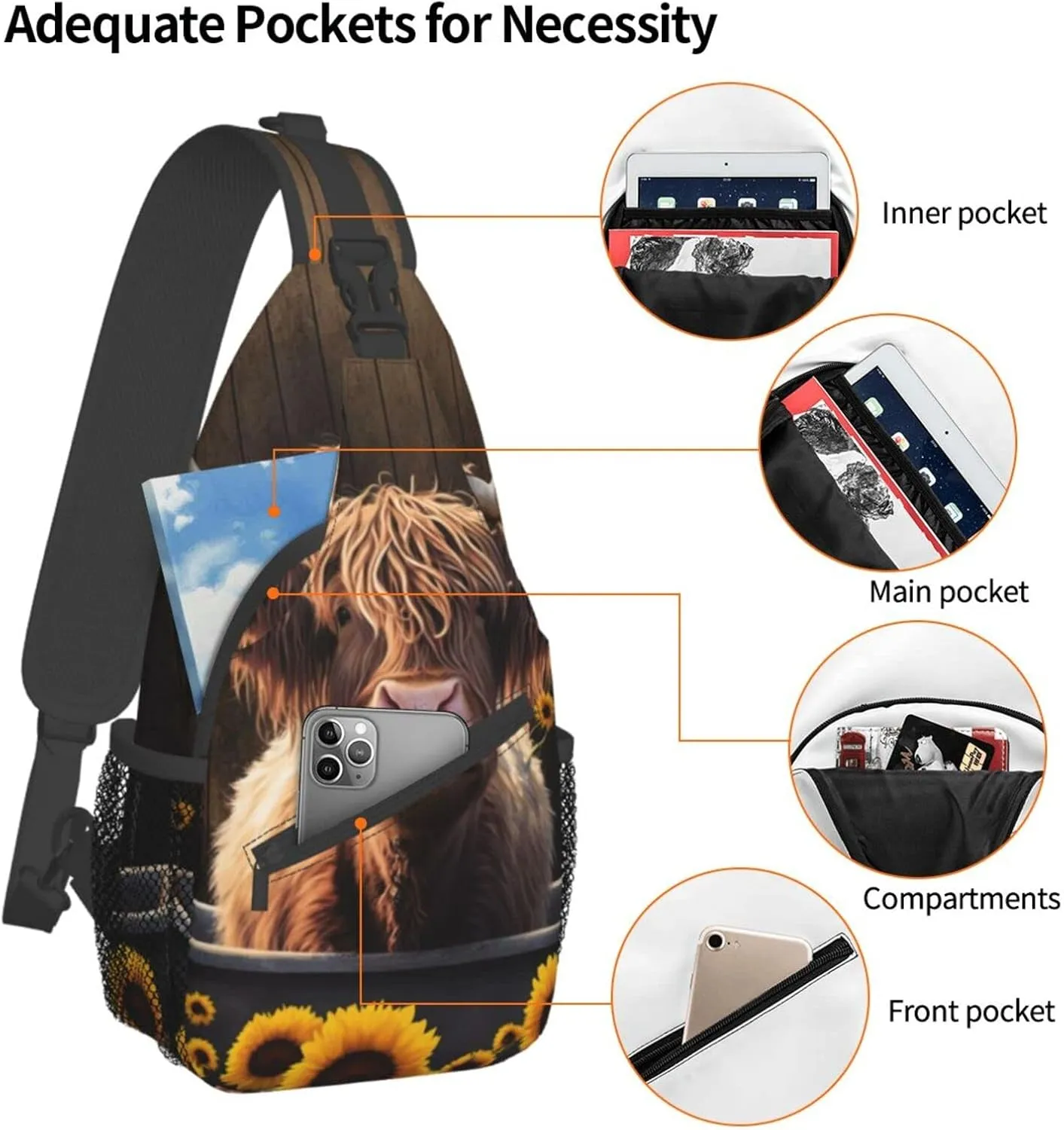 Sunflower Highland-Cow Outdoor Cross-body Shoulder Bag, Unisex Backpack For Women Men Young Hiking Travel