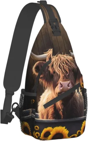 Sunflower Highland-Cow Outdoor Cross-body Shoulder Bag, Unisex Backpack For Women Men Young Hiking Travel
