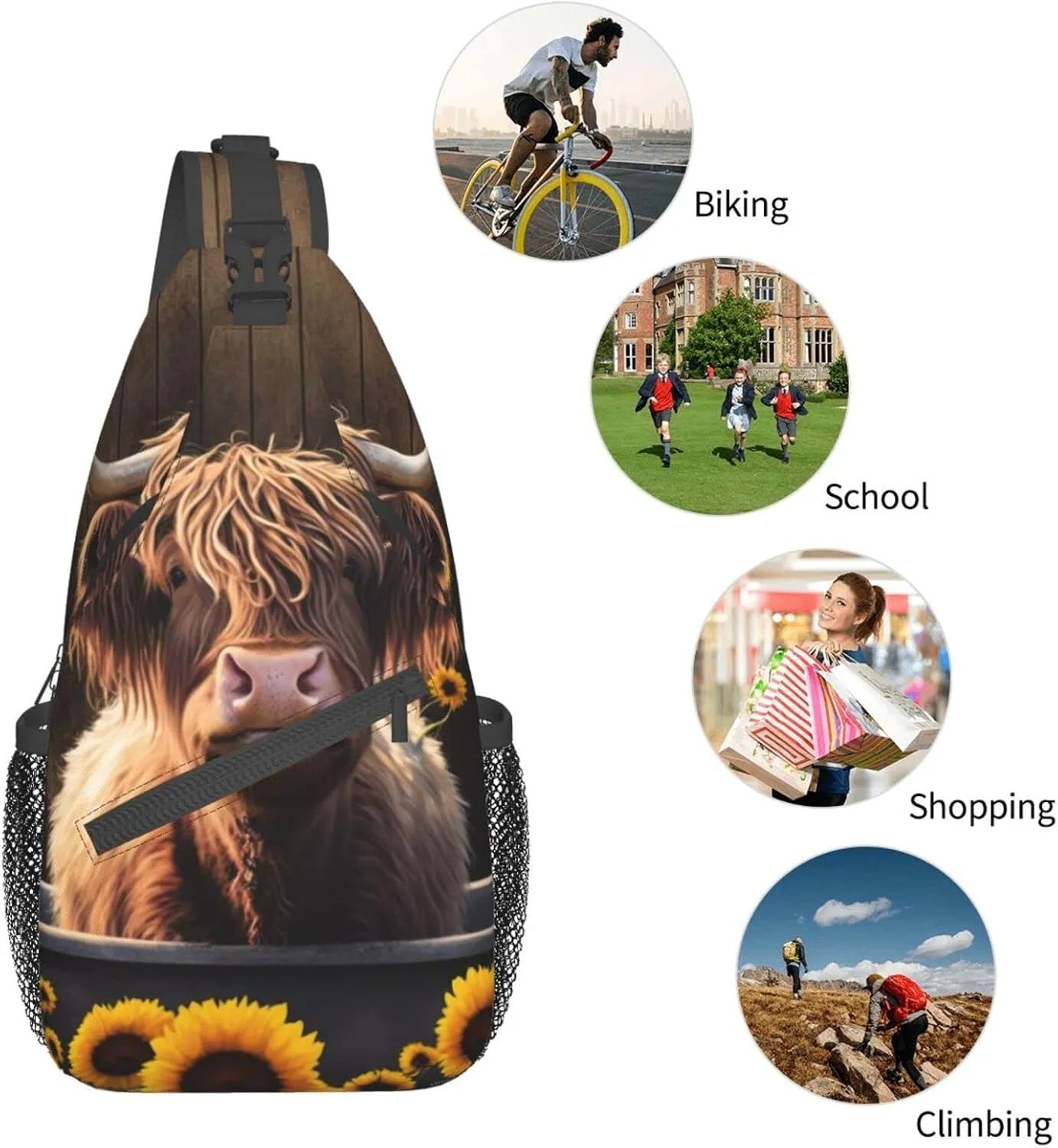 Sunflower Highland-Cow Outdoor Cross-body Shoulder Bag, Unisex Backpack For Women Men Young Hiking Travel