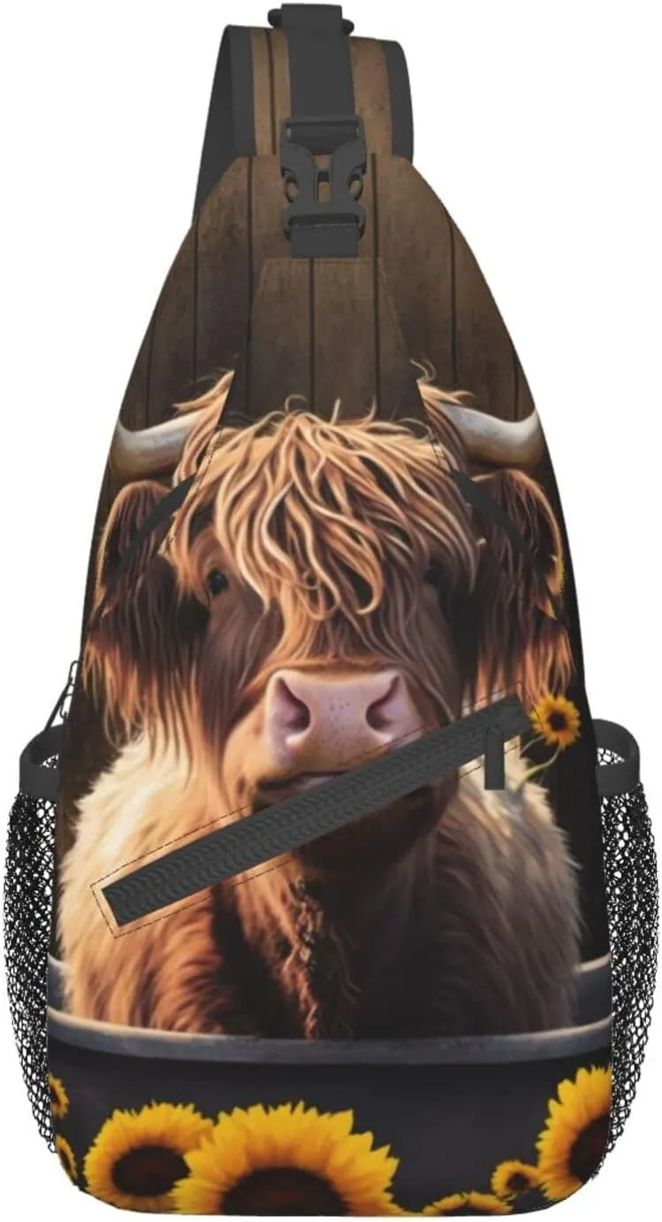 Sunflower Highland-Cow Outdoor Cross-body Shoulder Bag, Unisex Backpack For Women Men Young Hiking Travel