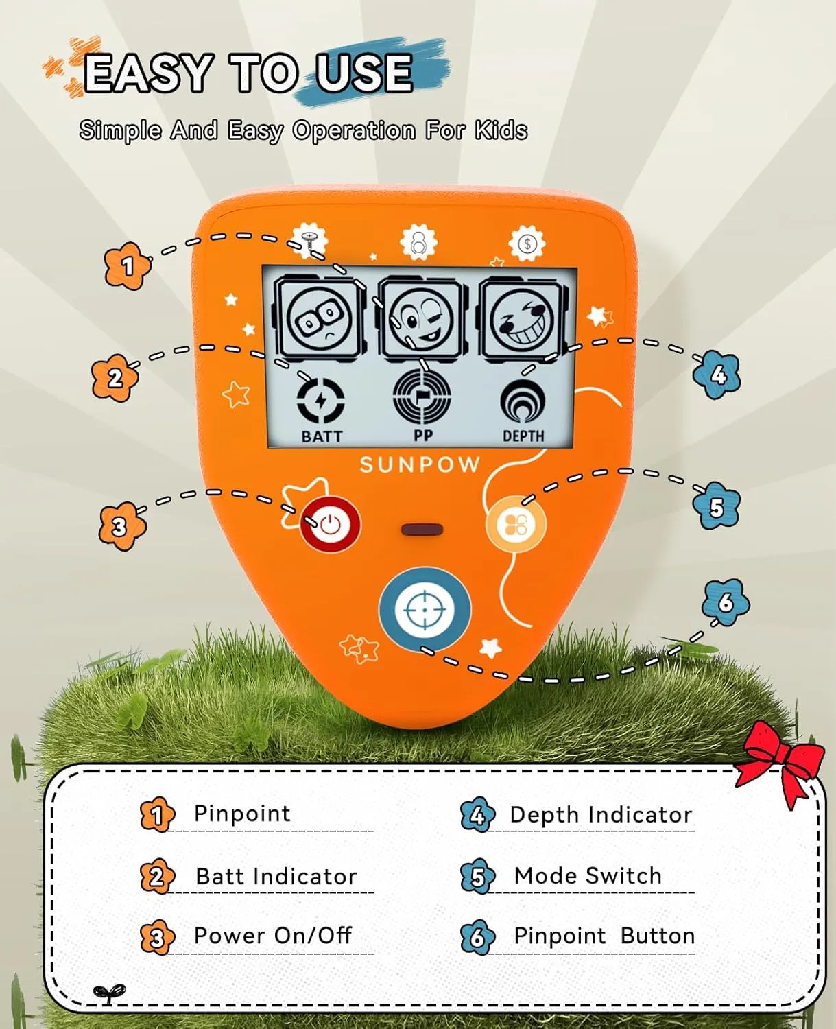 SUNPOW Metal Detector for Kids - Lightweight Waterproof Beach Kids Metal Detector Kit - with Cartoon LCD Display, 3 Modes, Adjustable - Easy to Carry and Operate - Gift for Boys & Girls Ages 8-12