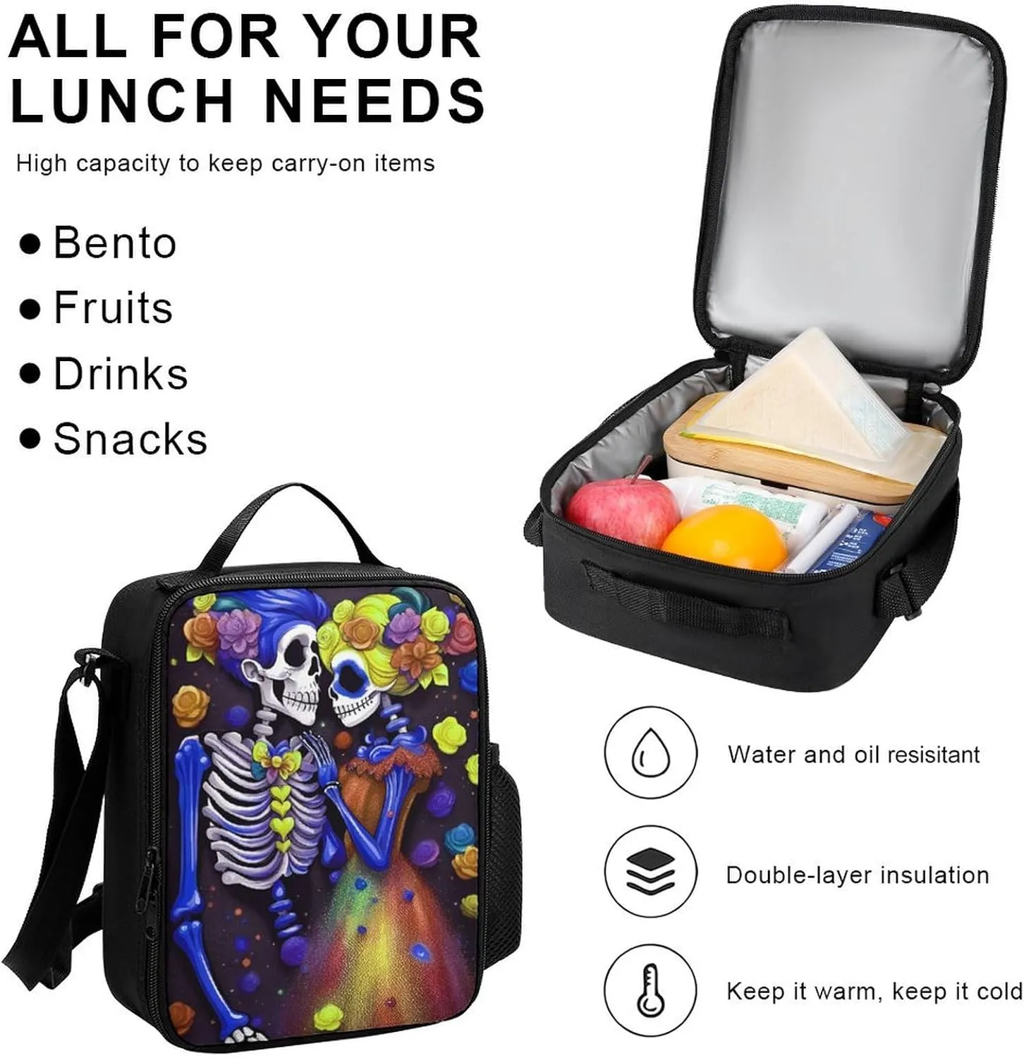 Supdreamc 3 Piece Backpack Sets Kiss Skeleton Colorful Space Art Travel Hiking & Day Pack - Shoulder Bag Lunch Bag Pencil Case for Man/Women/College Men and Women