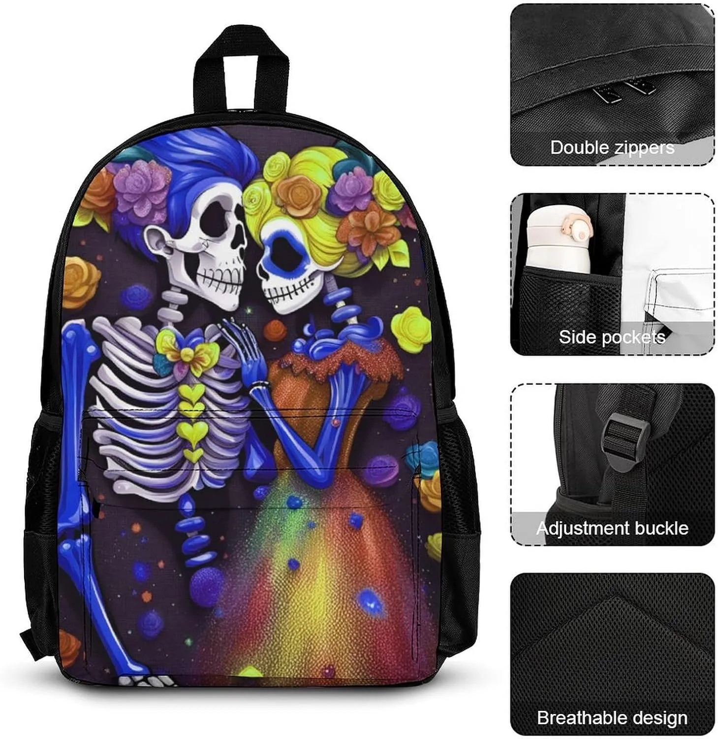 Supdreamc 3 Piece Backpack Sets Kiss Skeleton Colorful Space Art Travel Hiking & Day Pack - Shoulder Bag Lunch Bag Pencil Case for Man/Women/College Men and Women