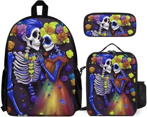 Supdreamc 3 Piece Backpack Sets Kiss Skeleton Colorful Space Art Travel Hiking & Day Pack - Shoulder Bag Lunch Bag Pencil Case for Man/Women/College Men and Women