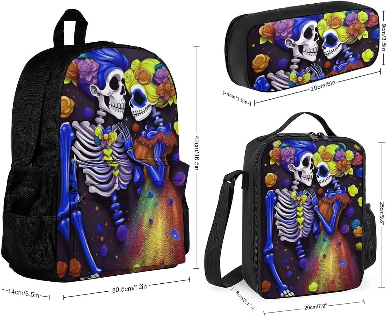 Supdreamc 3 Piece Backpack Sets Kiss Skeleton Colorful Space Art Travel Hiking & Day Pack - Shoulder Bag Lunch Bag Pencil Case for Man/Women/College Men and Women