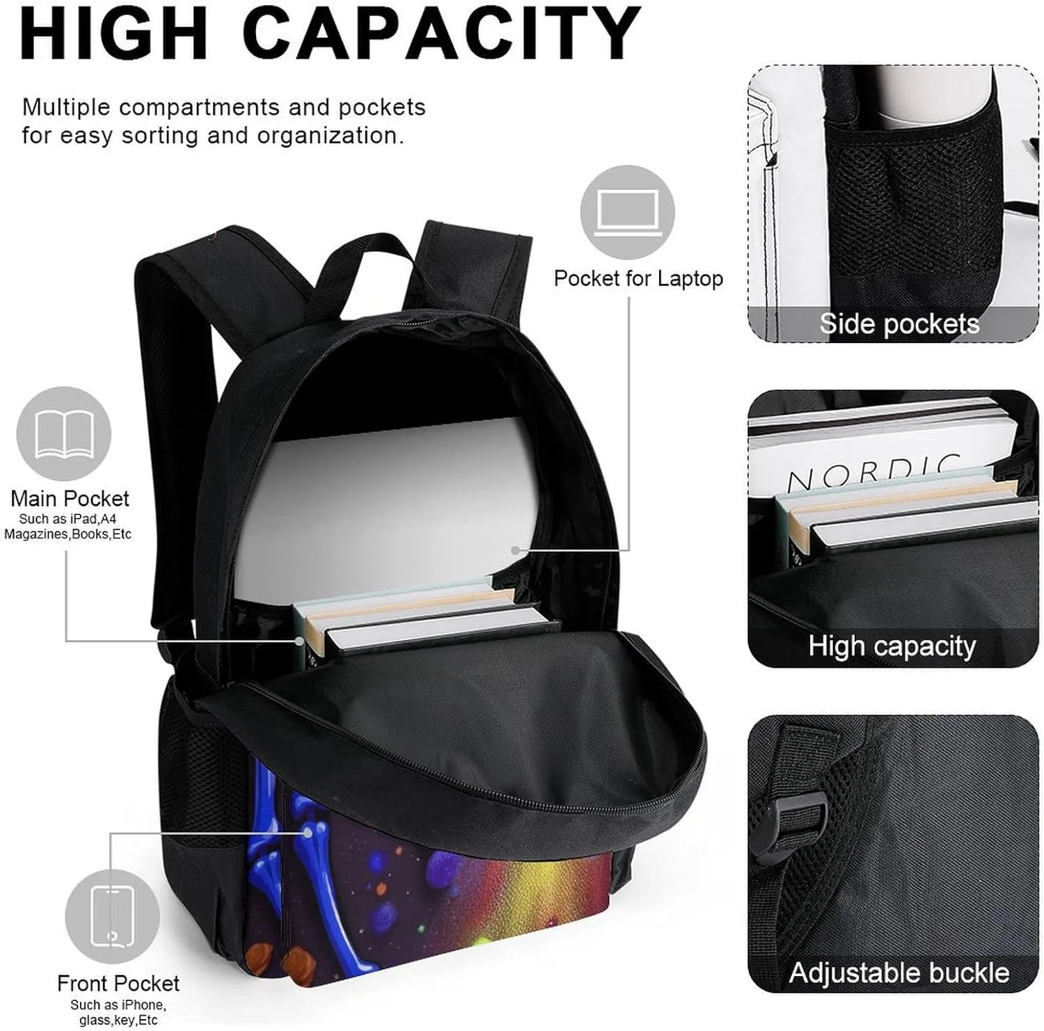 Supdreamc 3 Piece Backpack Sets Kiss Skeleton Colorful Space Art Travel Hiking & Day Pack - Shoulder Bag Lunch Bag Pencil Case for Man/Women/College Men and Women