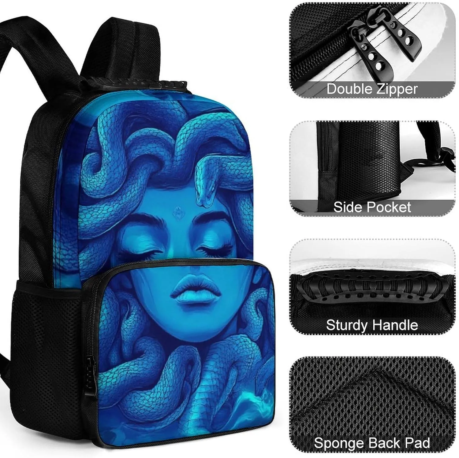 Supdreamc Men Women Lightweight Greek Goddess Snake Queen Medusa Art Blue Casual Daypack Big Capacity Bookbag With Padded Straps for Gym Travel Walking Cycling