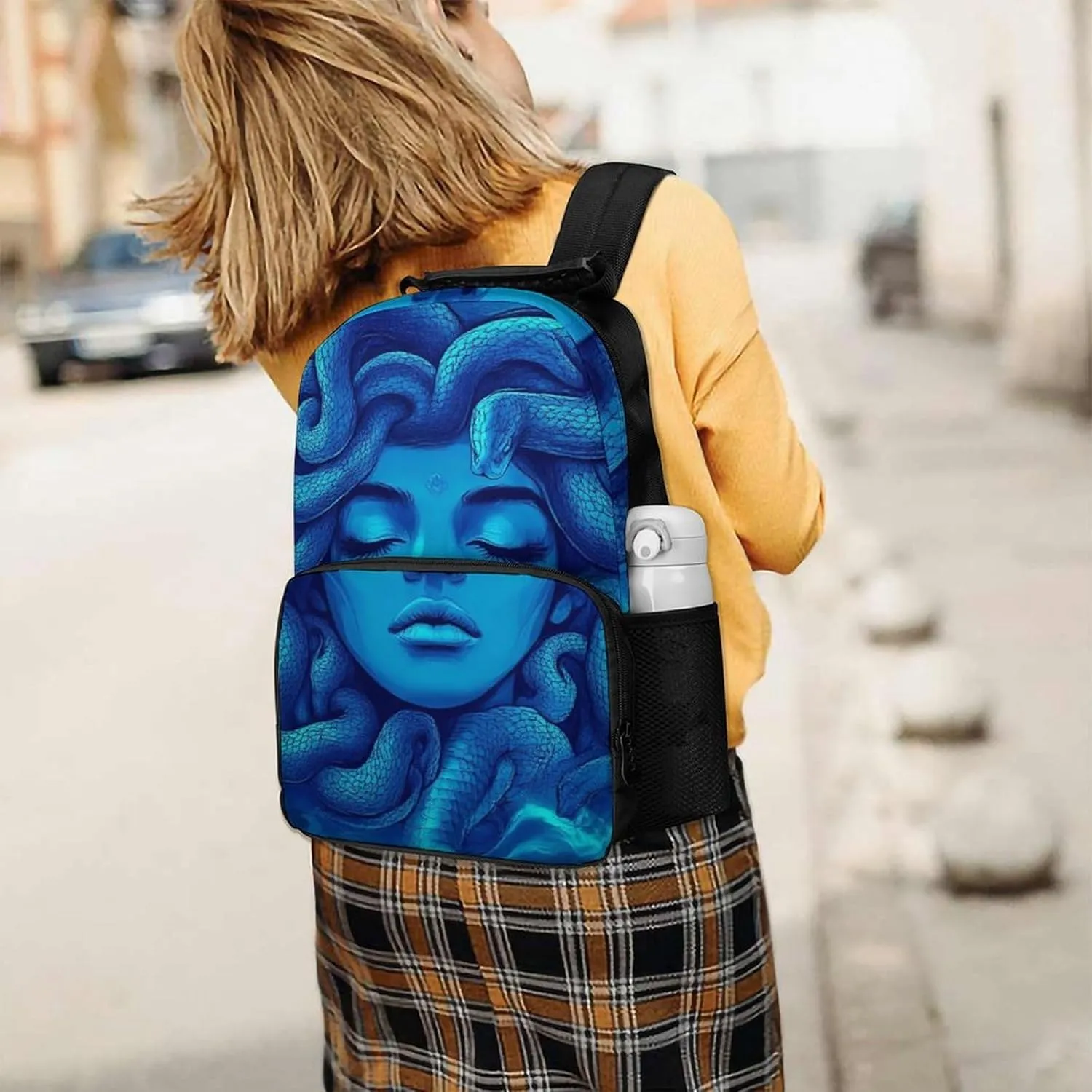 Supdreamc Men Women Lightweight Greek Goddess Snake Queen Medusa Art Blue Casual Daypack Big Capacity Bookbag With Padded Straps for Gym Travel Walking Cycling