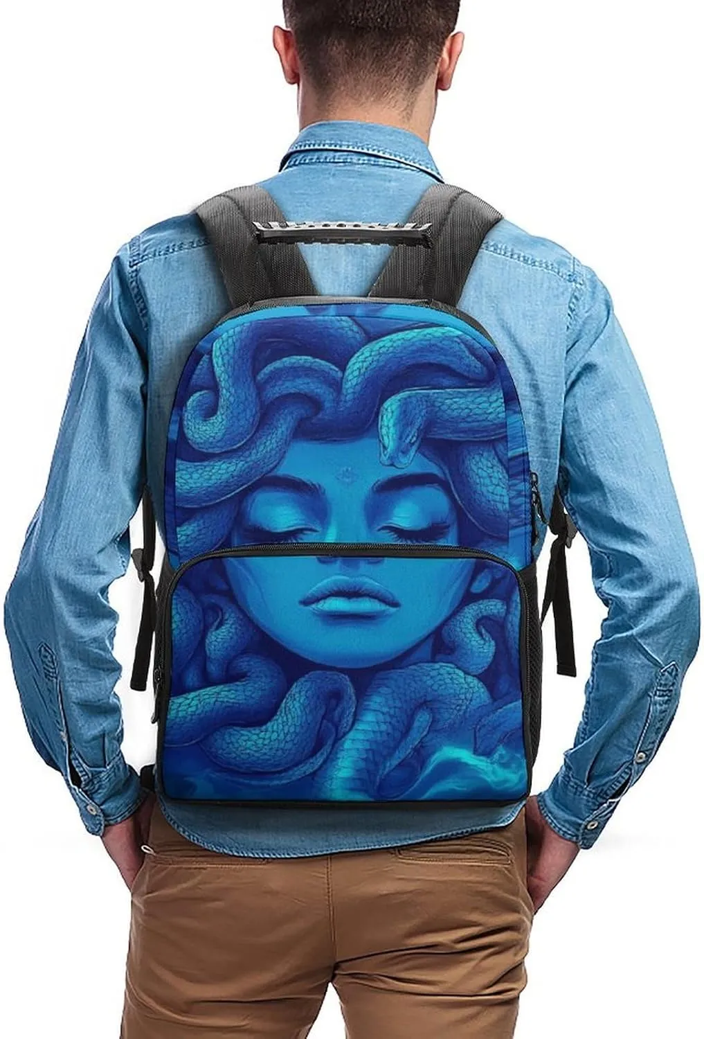 Supdreamc Men Women Lightweight Greek Goddess Snake Queen Medusa Art Blue Casual Daypack Big Capacity Bookbag With Padded Straps for Gym Travel Walking Cycling