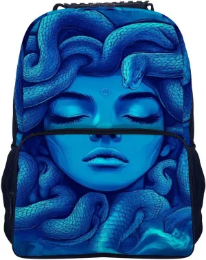 Supdreamc Men Women Lightweight Greek Goddess Snake Queen Medusa Art Blue Casual Daypack Big Capacity Bookbag With Padded Straps for Gym Travel Walking Cycling