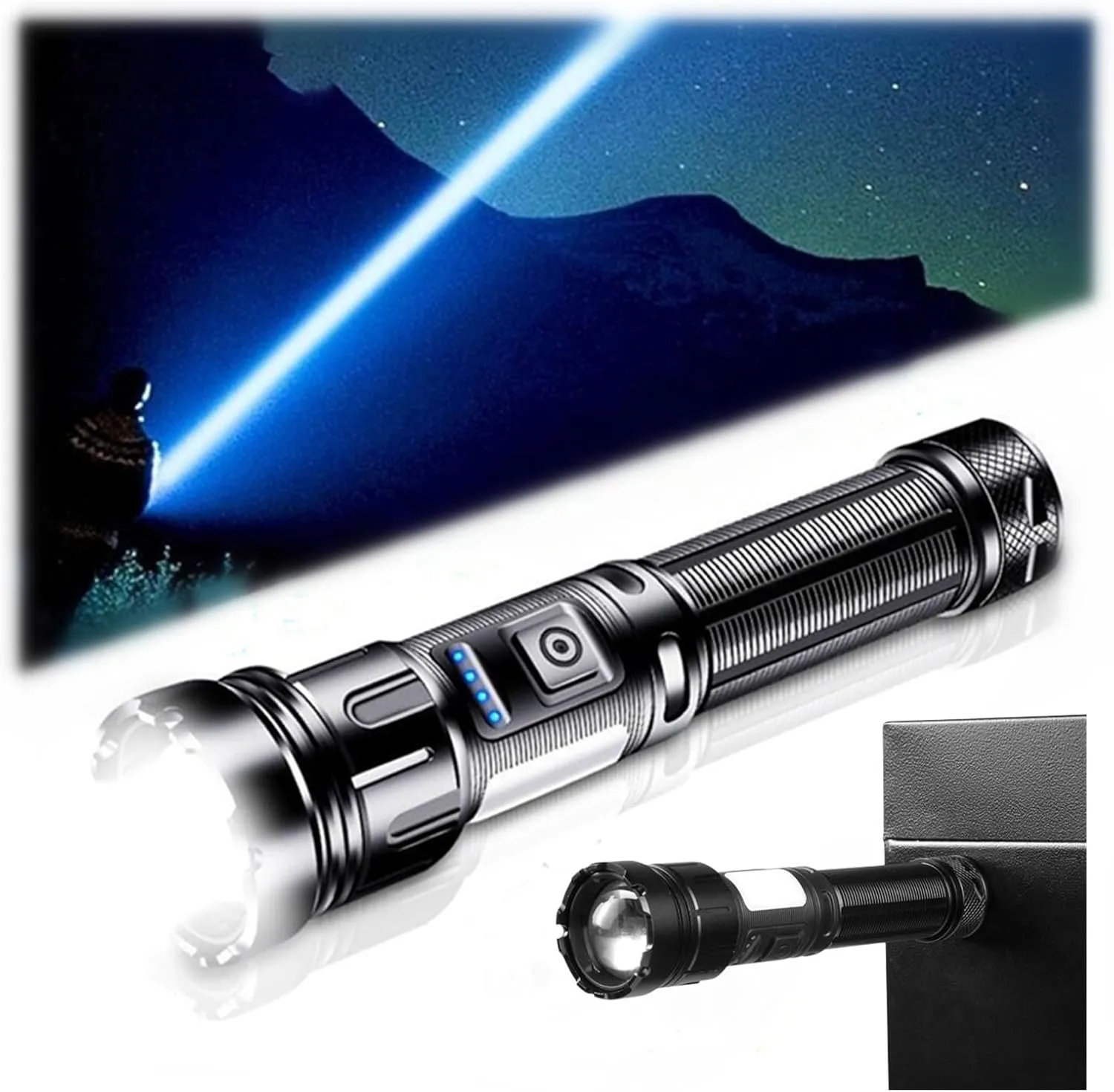 Super Bright LED Flashlight,High Powerful USB Rechargeable Tactical Torch,1000000 Lumens Handheld Searchlight,IPX5 Waterproof,Zoomable,7 Light Modes,Magnetic Tail