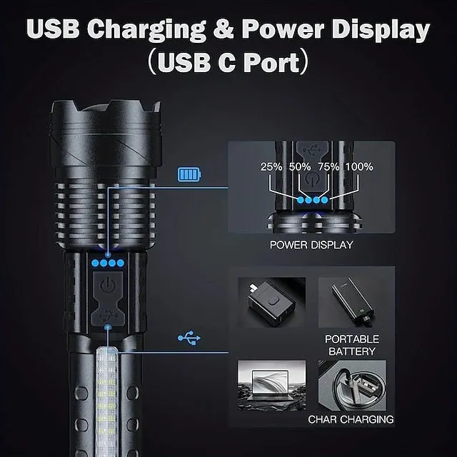 Super Bright Rechargeable Flashlight, LED Powerful Zoomable Torch, White Laser Waterproof Light for Outdoor Adventures, Emergency, Running, Fishing, Work, Flood Lighting