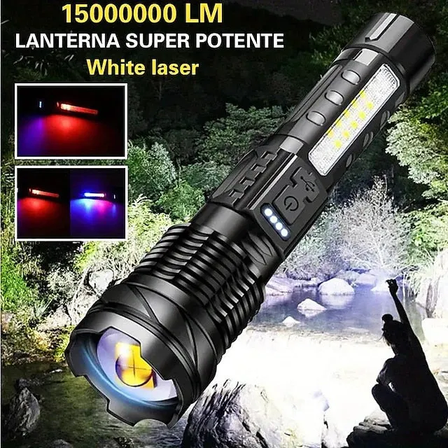 Super Bright Rechargeable Flashlight, LED Powerful Zoomable Torch, White Laser Waterproof Light for Outdoor Adventures, Emergency, Running, Fishing, Work, Flood Lighting