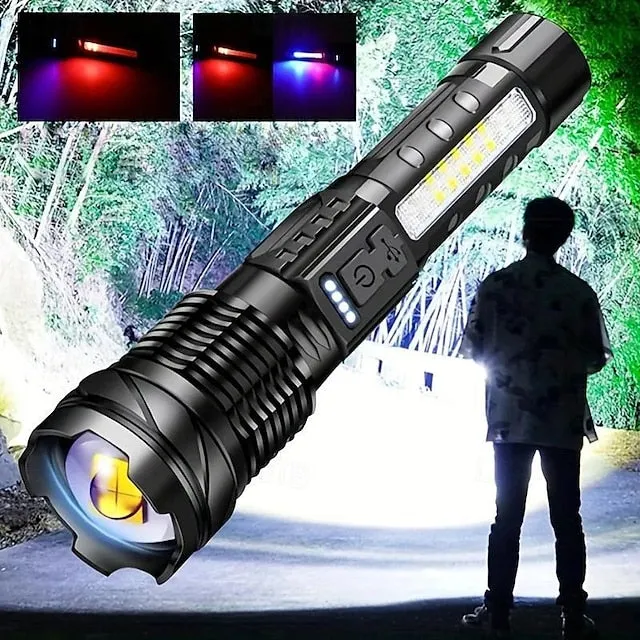 Super Bright Rechargeable Flashlight, LED Powerful Zoomable Torch, White Laser Waterproof Light for Outdoor Adventures, Emergency, Running, Fishing, Work, Flood Lighting