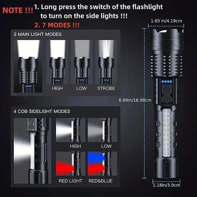 Super Bright Rechargeable Flashlight, LED Powerful Zoomable Torch, White Laser Waterproof Light for Outdoor Adventures, Emergency, Running, Fishing, Work, Flood Lighting