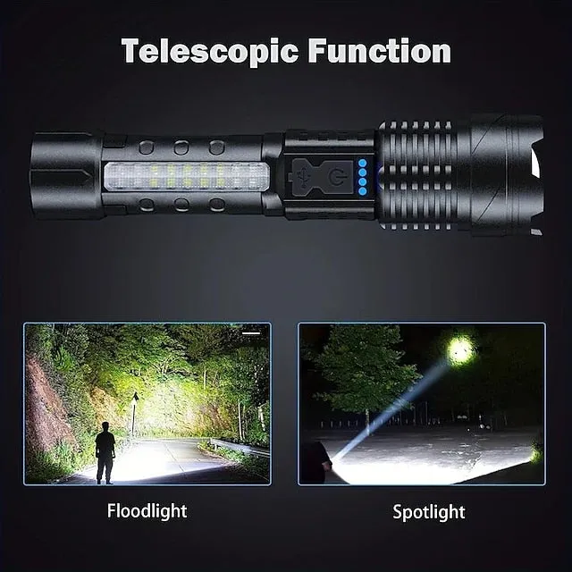 Super Bright Rechargeable Flashlight, LED Powerful Zoomable Torch, White Laser Waterproof Light for Outdoor Adventures, Emergency, Running, Fishing, Work, Flood Lighting