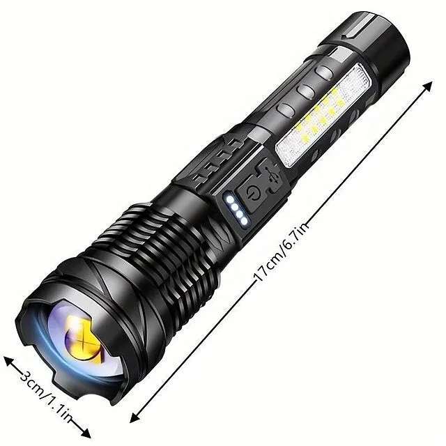 Super Bright Rechargeable Flashlight, LED Powerful Zoomable Torch, White Laser Waterproof Light for Outdoor Adventures, Emergency, Running, Fishing, Work, Flood Lighting