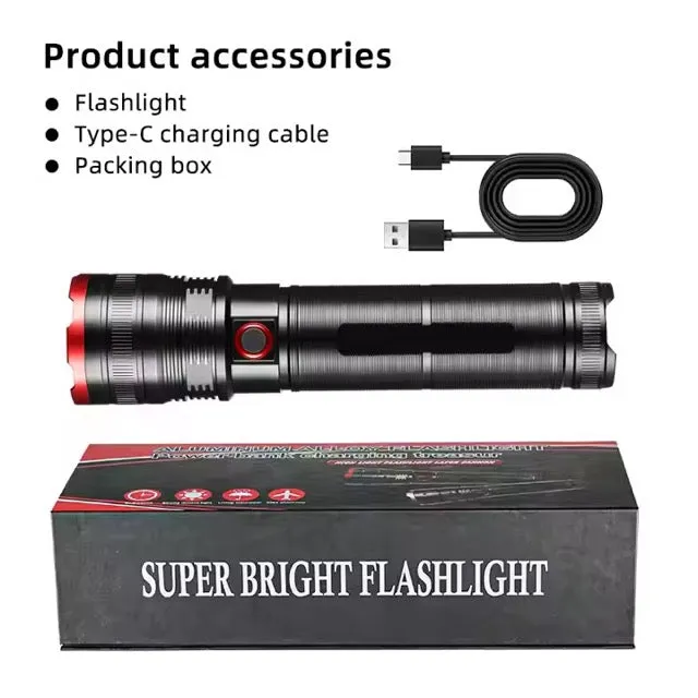 Super Bright Torch Light Type C Rechargeable Long Range Tactical Waterproof Flashlight with Zoom(5 Hours)