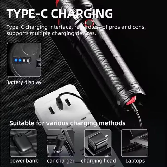 Super Bright Torch Light Type C Rechargeable Long Range Tactical Waterproof Flashlight with Zoom(5 Hours)