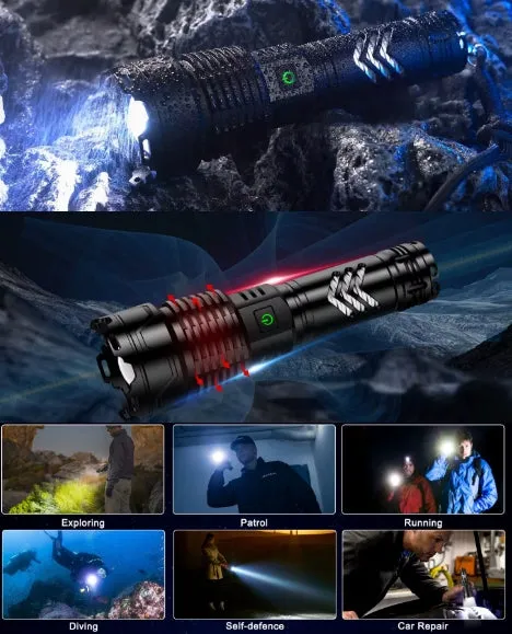 Super XHP160.8 LED Zoom 16 Core 100000 Lumens High Power Torch with 26650 Rechargeable Battery with Mobile Power Function Alloy 5 Lighting Modes