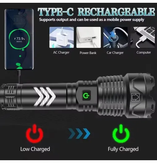 Super XHP160.8 LED Zoom 16 Core 100000 Lumens High Power Torch with 26650 Rechargeable Battery with Mobile Power Function Alloy 5 Lighting Modes