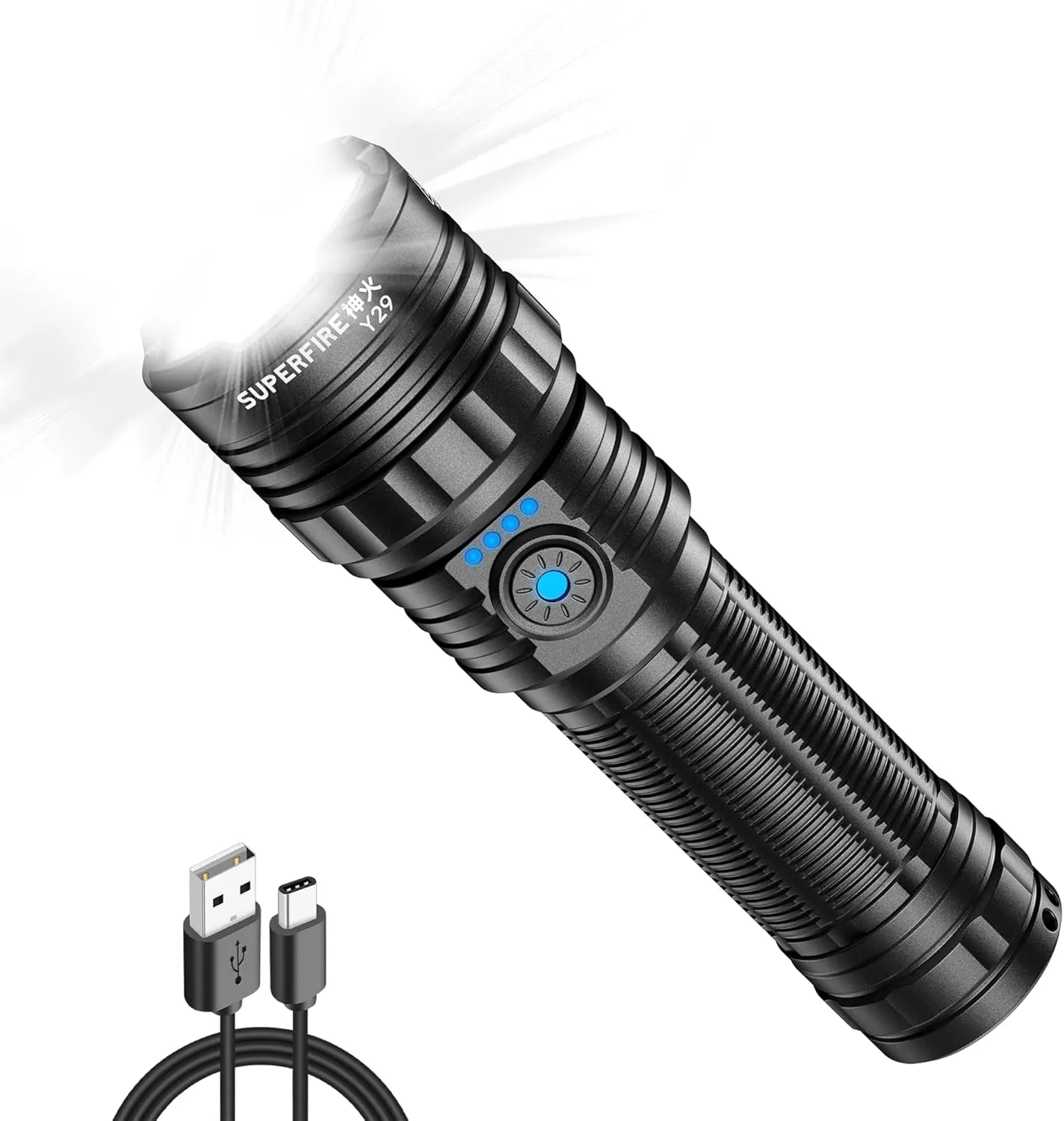 SuperFire Flashlights High Lumens Rechargeable, 3280 Ft Long Range Powerful Flashlight with 5 Modes, Zoomable Bright Flash Light for Emergency, Travel, Camping, Hiking, Police, Security, Power Outage