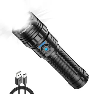 SuperFire Flashlights High Lumens Rechargeable, 3280 Ft Long Range Powerful Flashlight with 5 Modes, Zoomable Bright Flash Light for Emergency, Travel, Camping, Hiking, Police, Security, Power Outage