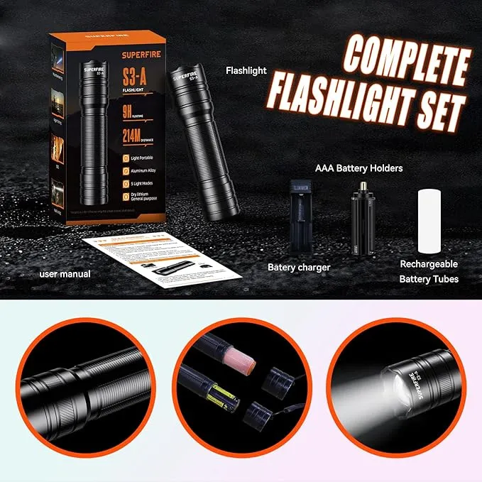 SuperFire LED Flashlight,EDC Flashlight Hight Lumens, Zoomable Flash Light for Outdoor, Emergence，Rechargeable or AAA batteries Dual Power Mode