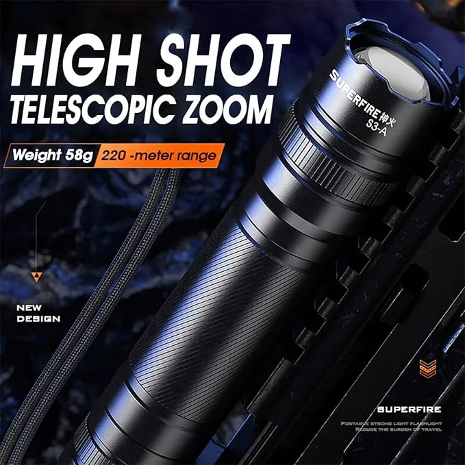 SuperFire LED Flashlight,EDC Flashlight Hight Lumens, Zoomable Flash Light for Outdoor, Emergence，Rechargeable or AAA batteries Dual Power Mode