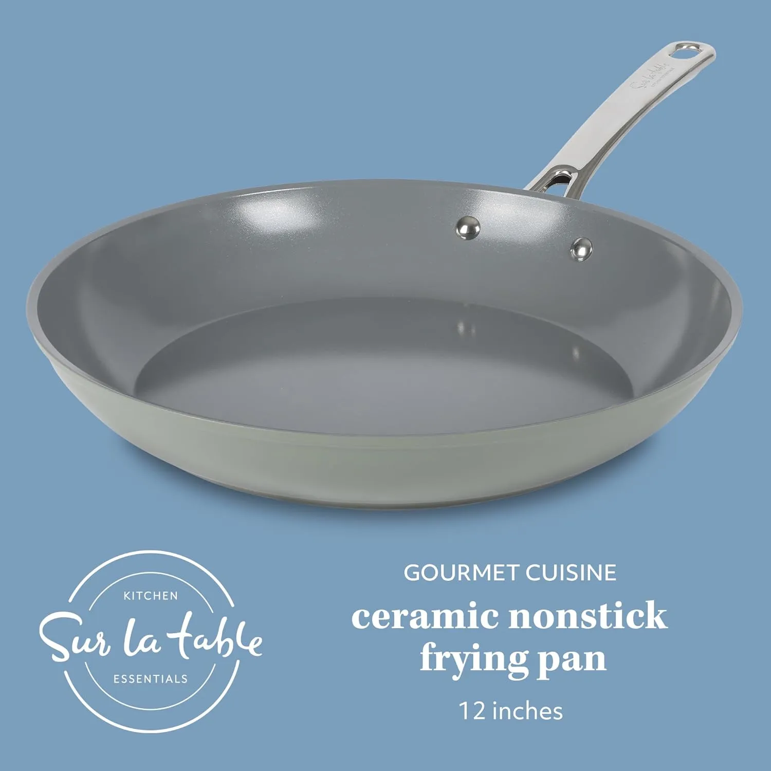 Sur La Table Kitchen Essentials Large 12 Inch Fry Pan PFA Free Titanium Ceramic Nonstick Interior Forged Aluminum Cookware Frying Pan - Green - Induction Compatible