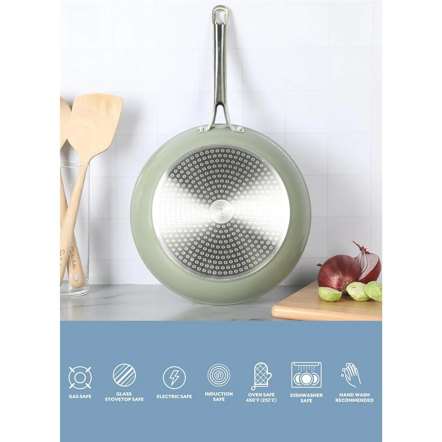 Sur La Table Kitchen Essentials Large 12 Inch Fry Pan PFA Free Titanium Ceramic Nonstick Interior Forged Aluminum Cookware Frying Pan - Green - Induction Compatible