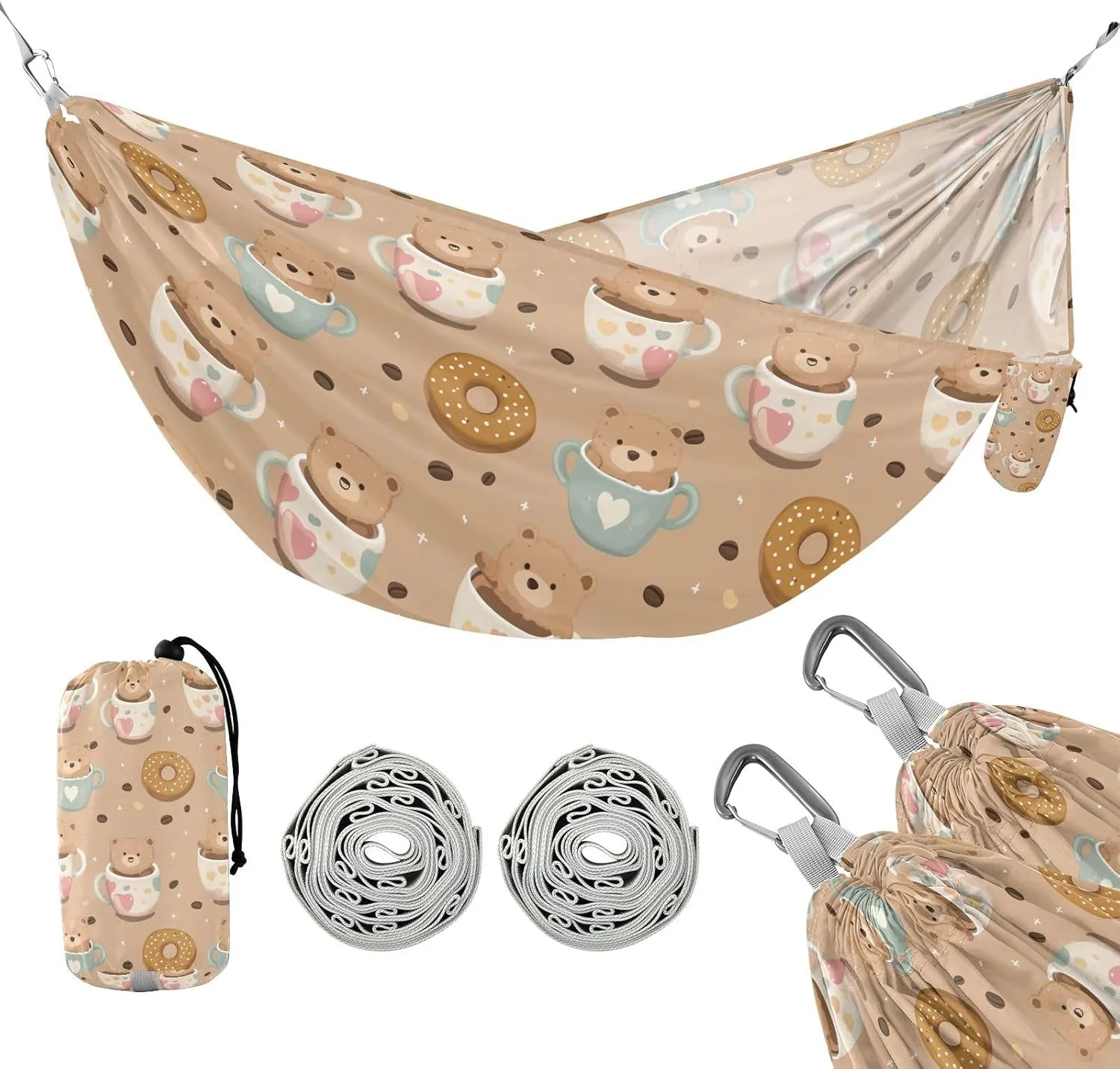 susiyo Portable Camping Hammock Cute Coffee Beer Printed Lightweight Hammock Comfortable Travel Swing with Tree Straps for Camping Hiking Backpacking Travel or Beach - Up to 330lbs