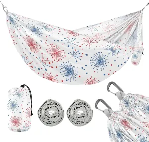 susiyo Portable Camping Hammock Red White Blue Firework Printed Lightweight Hammock Comfortable Travel Swing with Tree Straps for Camping Hiking Backpacking Travel or Beach - Up to 330lbs