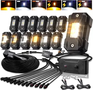Switchback LEDMIRCY Rock Lights Kit White & Amber Strobe Rock Lights 12 Pods 6 Mode Memory Function Reset Function with Wiring Harness for Trucks ATV UTV SUV RZR Under Body High Power Waterproof