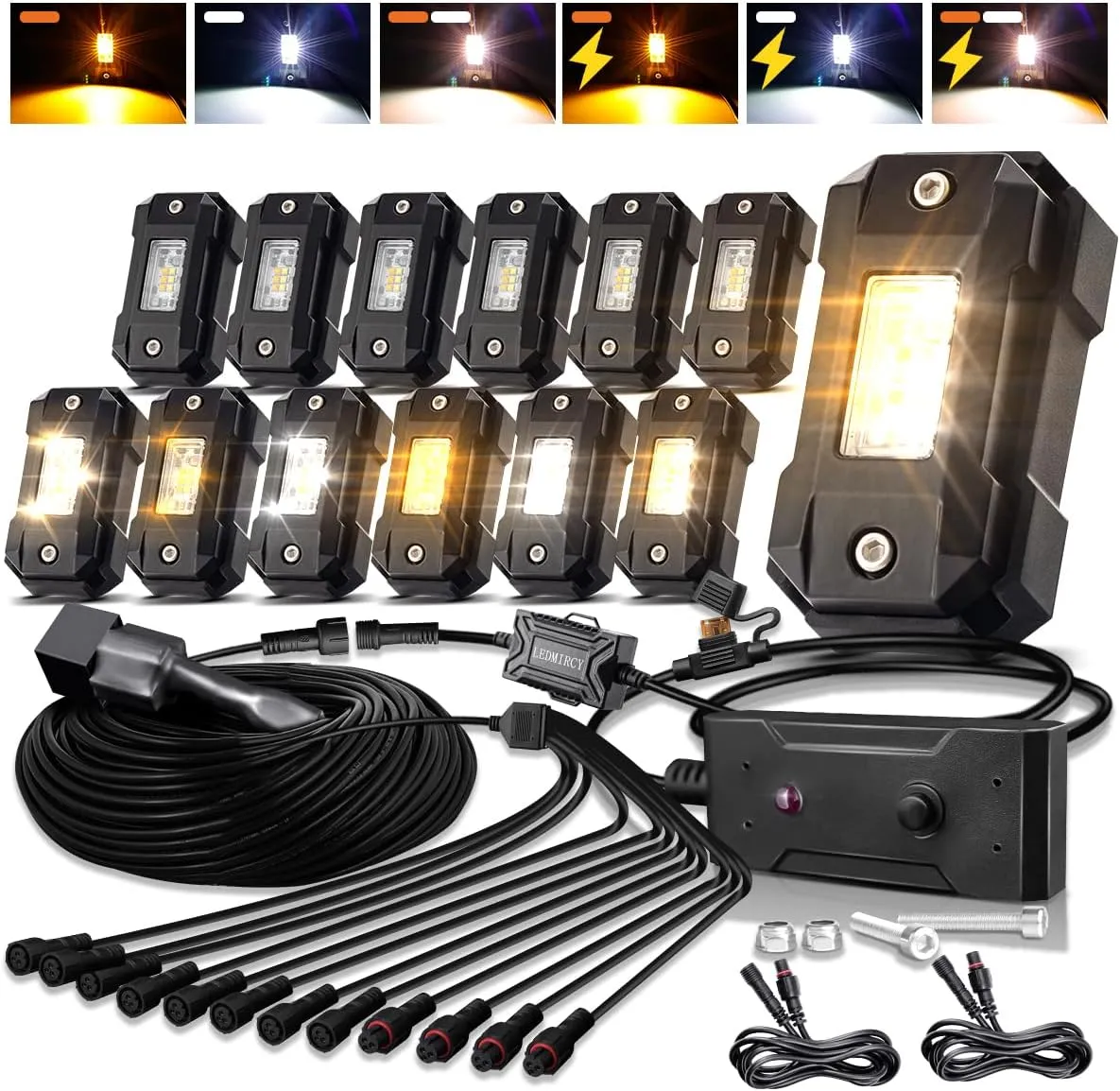 Switchback LEDMIRCY Rock Lights Kit White & Amber Strobe Rock Lights 12 Pods 6 Mode Memory Function Reset Function with Wiring Harness for Trucks ATV UTV SUV RZR Under Body High Power Waterproof