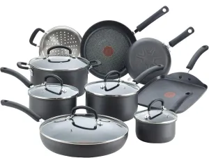 T-fal Ultimate Hard Anodized Nonstick Cookware Set 14 Piece, Oven Broiler Safe 400F, Lid Safe 350F, Kitchen Cooking Set w/Fry Pans, Saucepans, Griddle, Dutch Oven, Pots & Pans, Dishwasher Safe, Black