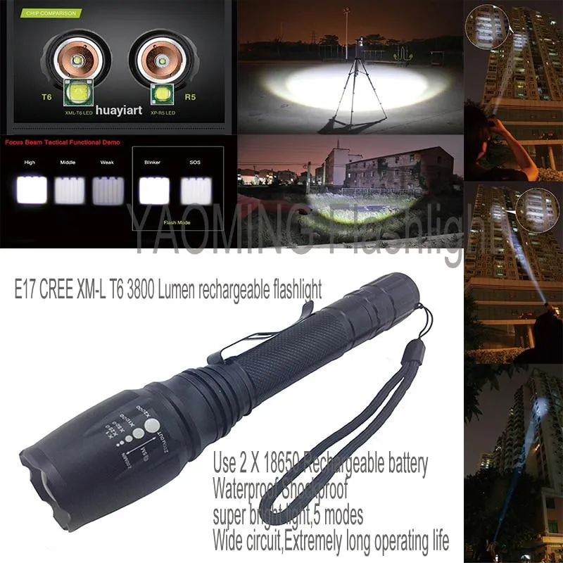 Tactical flashlight 3800LM CREE XML T6 LED flashlight lamp rechargeable torch linternas by 2 x 18650 battery police lantern