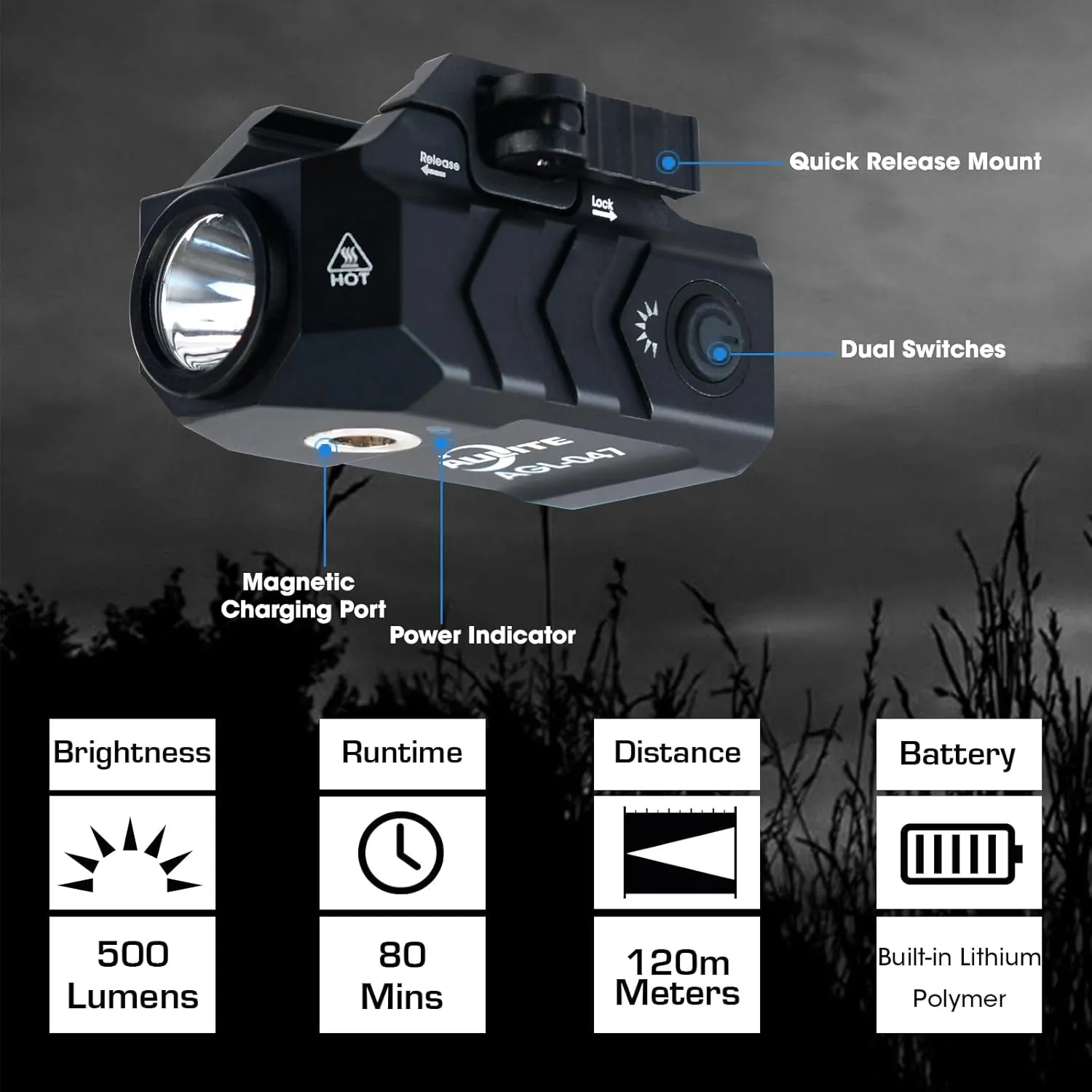 Tactical Flashlight Low Profile Quick Release,Mini Size,Magnetic Rechargeable for Pistol,Airsoft Light,Picatinny Rail Attachments