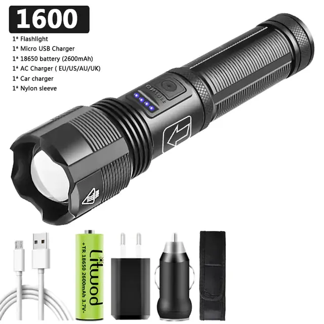 Tactical Hunting Flashlight - 1600 Lumen LED, Zoomable, Waterproof, USB Rechargeable, Durable Design